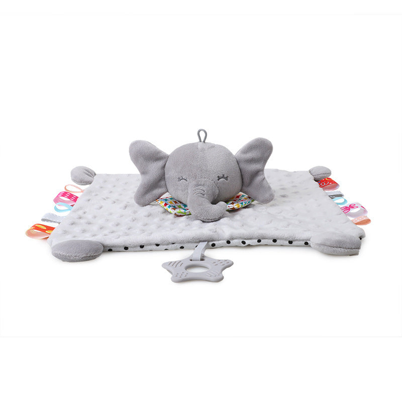 Gray elephant plush toy with a soft blanket on a white background