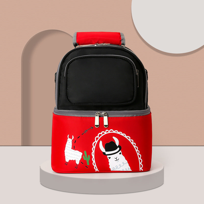 Red and black Insulated travel bag with llama design on a beige background