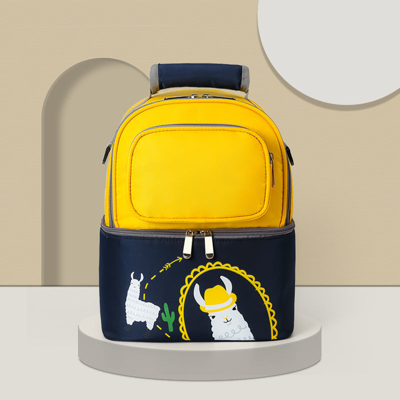 Yellow and navy blue Insulated travel bag with llama design on a beige background