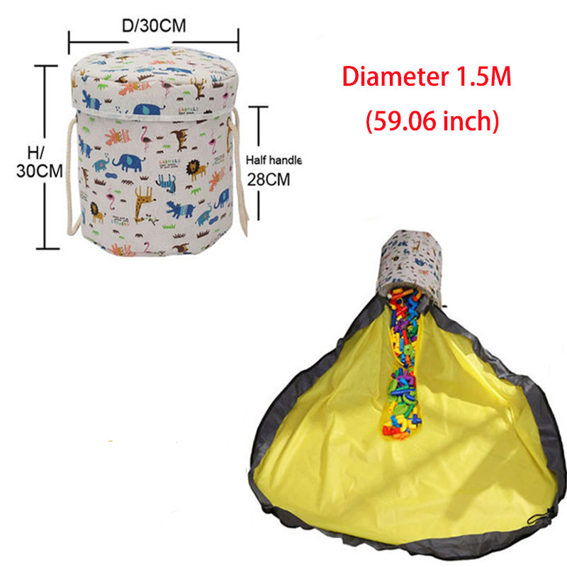 Measurement chart of a cylindrical container with animal patterns and a yellow bag with colorful strings.