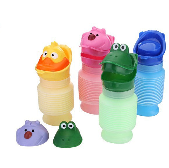 Set of colorful animal-themed emergency travel potty bottles on a white surface with a light-colored brick wall background.