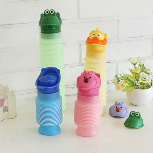 Set of colorful animal-themed emergency travel potty bottles on a white surface with a light-colored brick wall background.