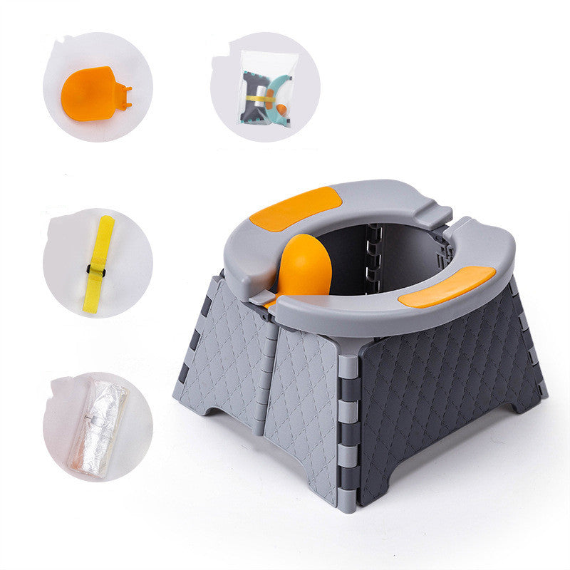Gray and orange travel potty with interchangeable heads on a white background