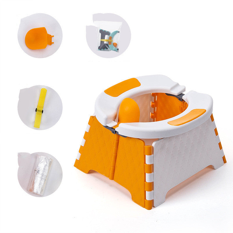 Orange and white folding potty with various attachments on a white background