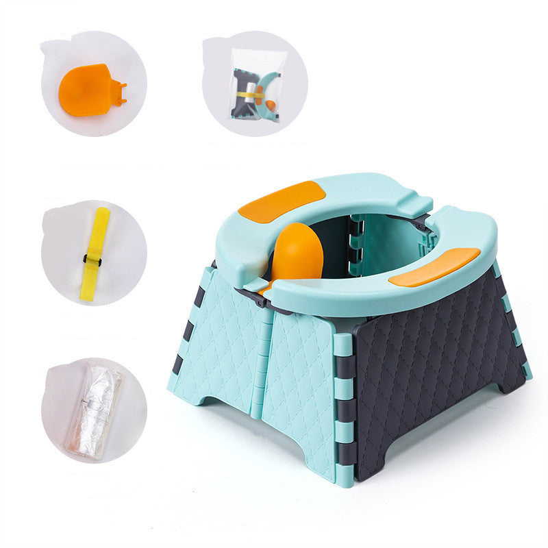 Travel potty with multiple attachments on a white background