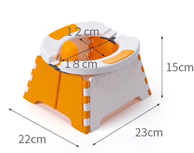 Orange and white travel potty with measurements on a white background