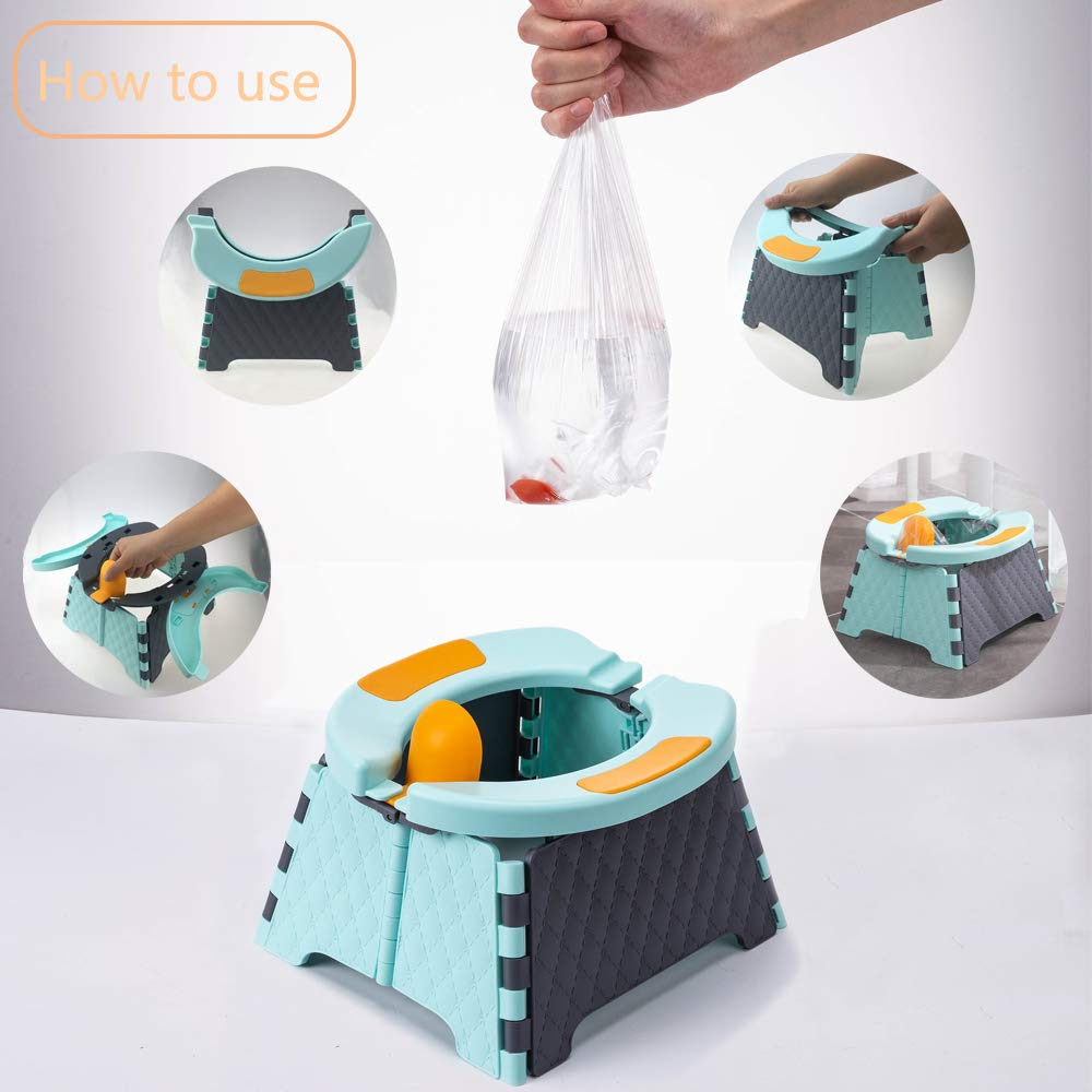 Collapsible travel potty with instructions on how to use it.