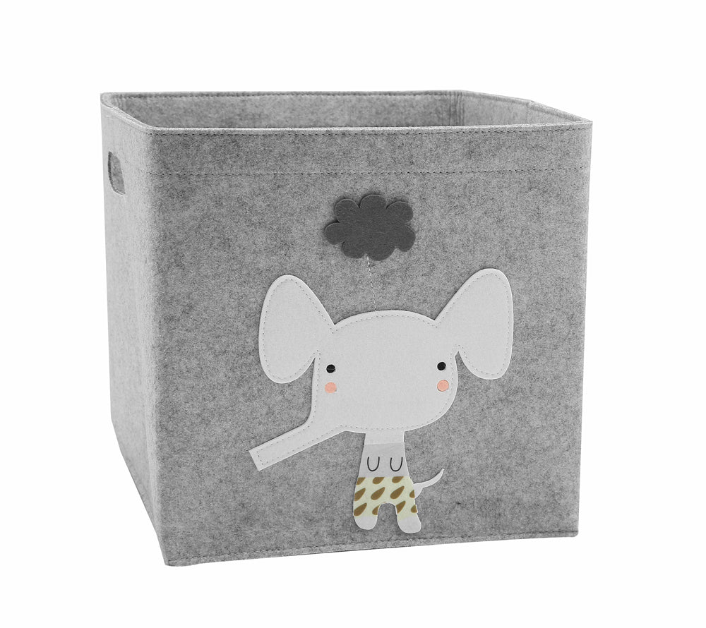 Gray storage cube with an elephant design on a white background