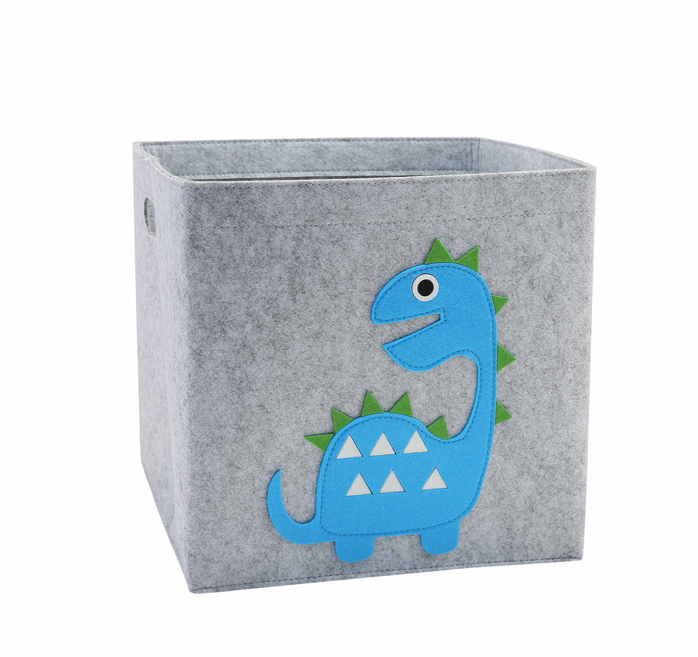 Gray storage cube with a blue dinosaur design on a white background