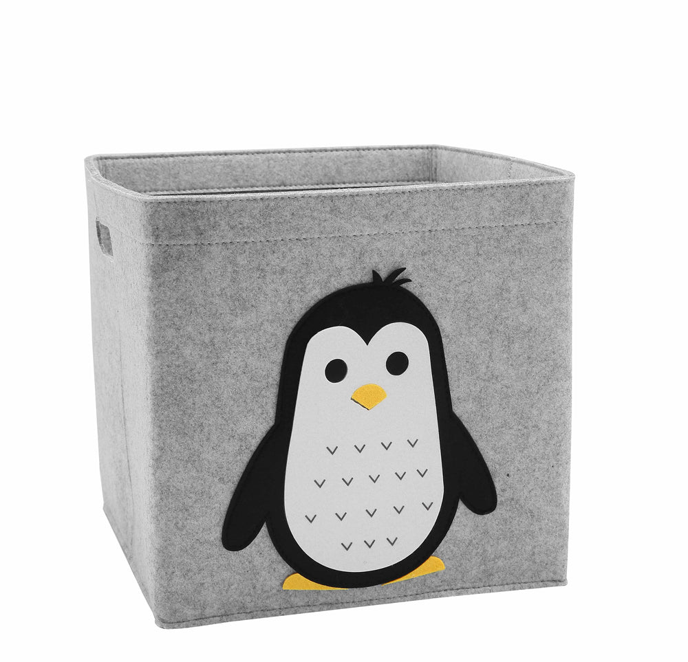 Gray storage cube with a penguin design on a white background