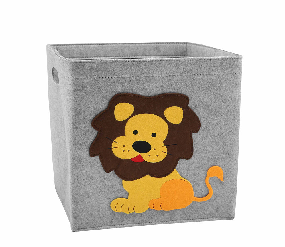 Gray storage cube with a lion design on a white background