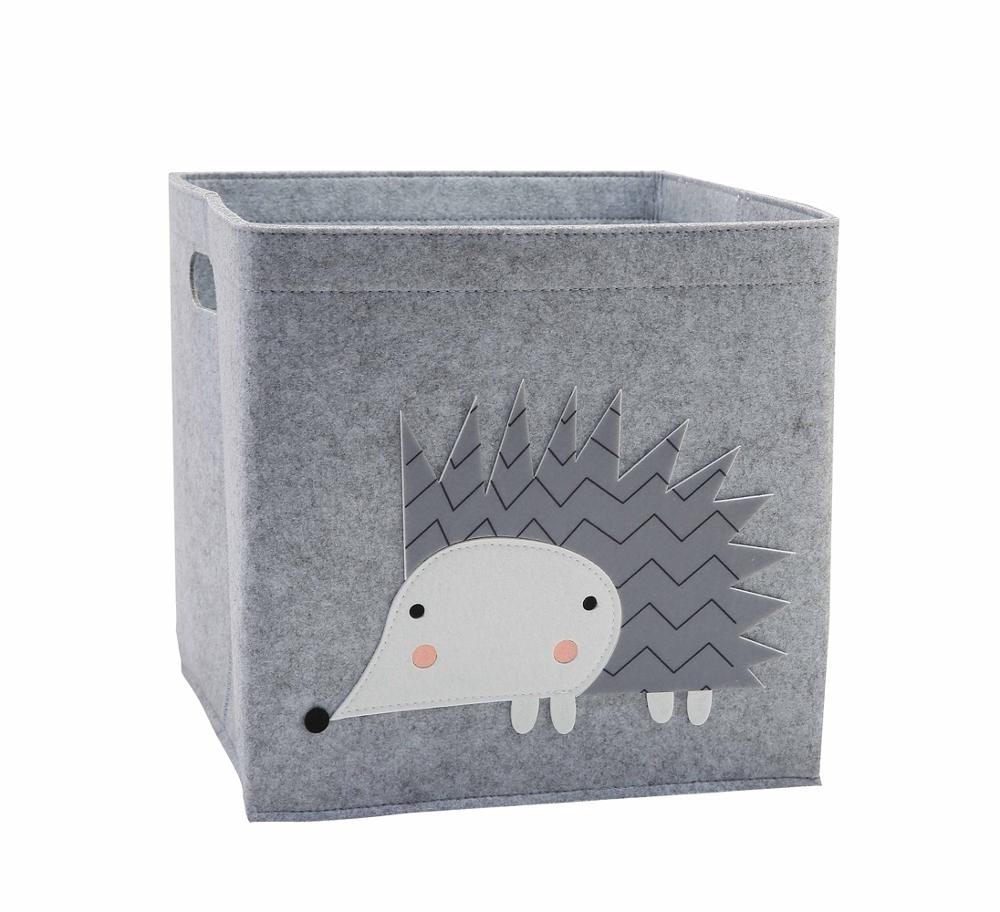 Gray storage cube with hedgehog design on a white background