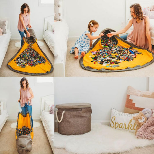 Collage of a woman and child playing with toys on a large yellow mat, followed by the mat being folded and stored.