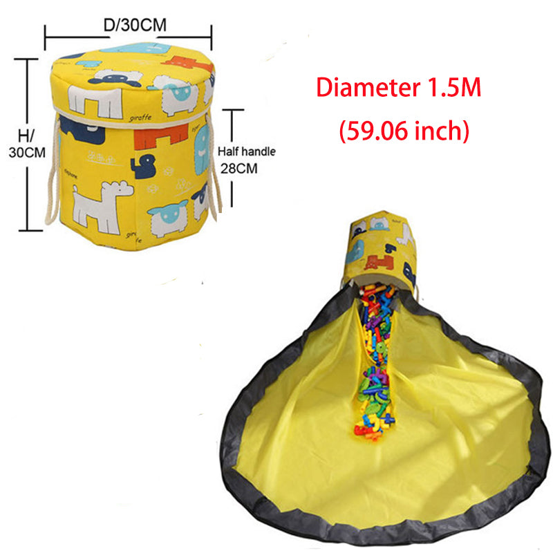 Yellow toy storage bag with cartoon design and measurements on a white background
