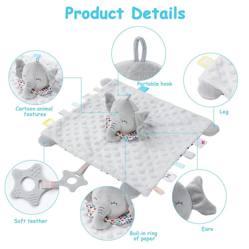 A baby sensory blanket with a plush elephant toy, shown with callout circles and labels explaining features like the portable hook, leg, soft teether, ears, built-in ring of paper, and cartoon animal features on a white background.