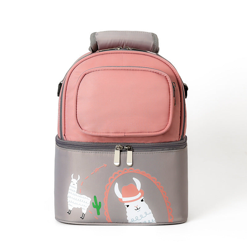 Pink and gray insulated travel bag with llama design on a white background