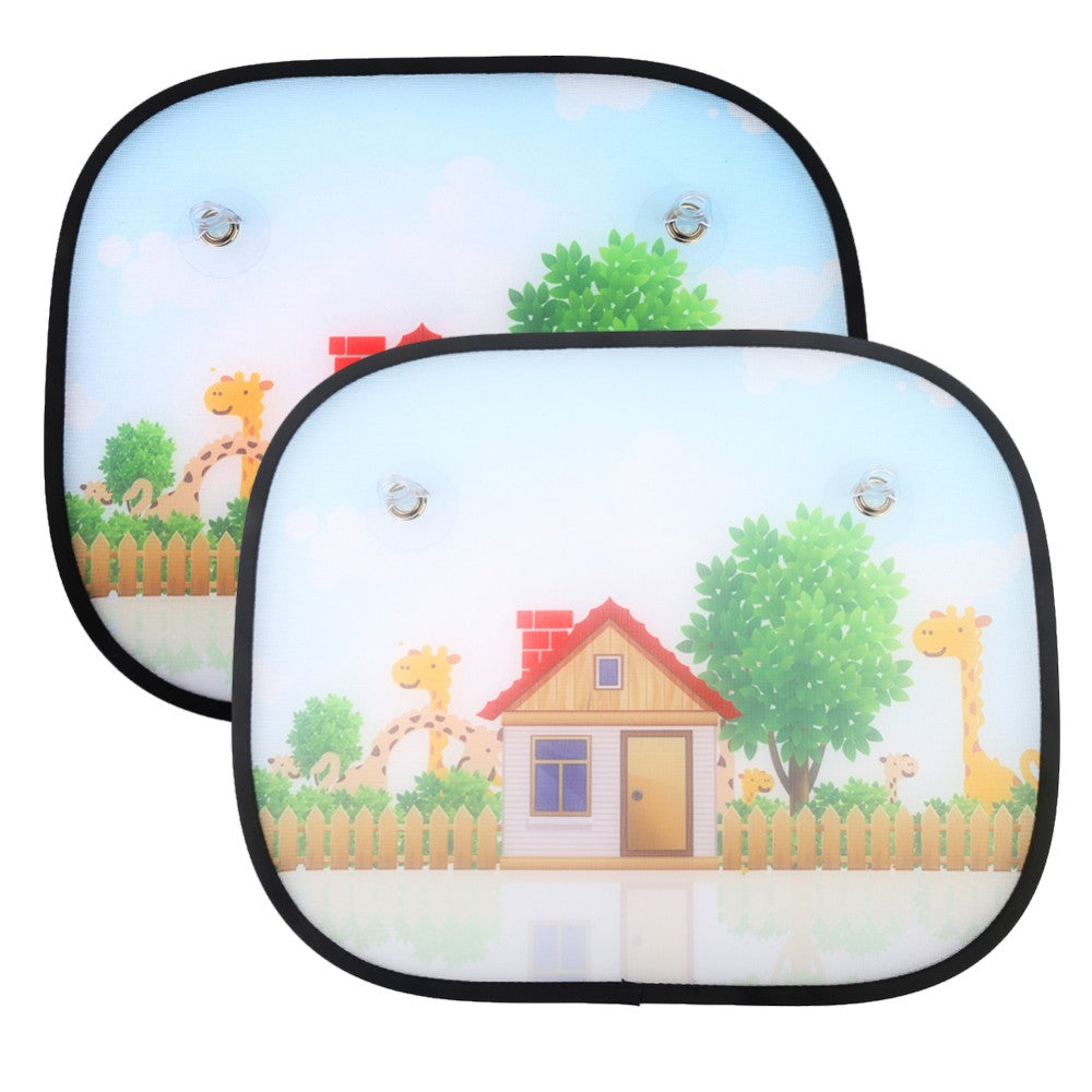 Two cartoon-style car sunshades with a house and giraffe design on a white background.
