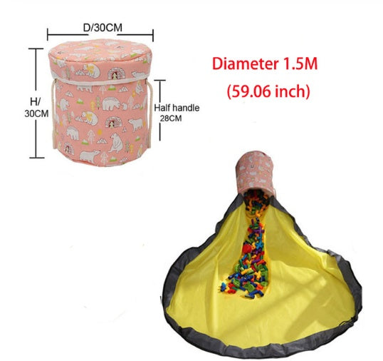 Measurement chart of a colorful toy storage bag with dimensions and capacity details.