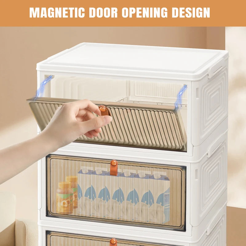 Stackable storage drawers with magnetic door design on a beige background