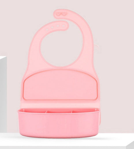 Pink baby bib with a hook on a light gray background