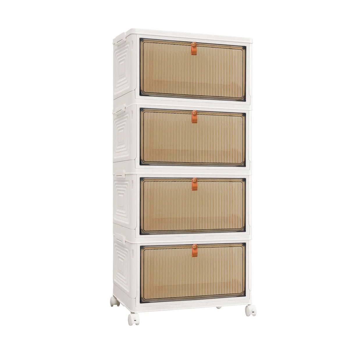 White storage cabinet with four rattan-like drawers on a white background