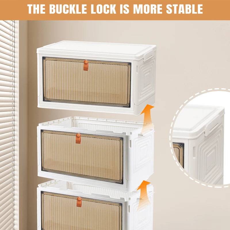 White storage cabinet with mesh doors and a buckle lock on a beige wall.