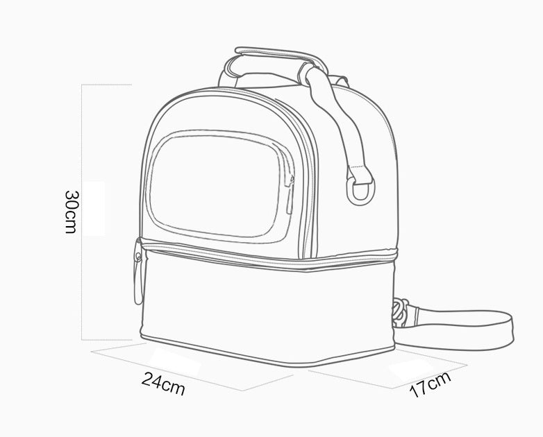 Line drawing of a insulated travel bag with dimensions indicated