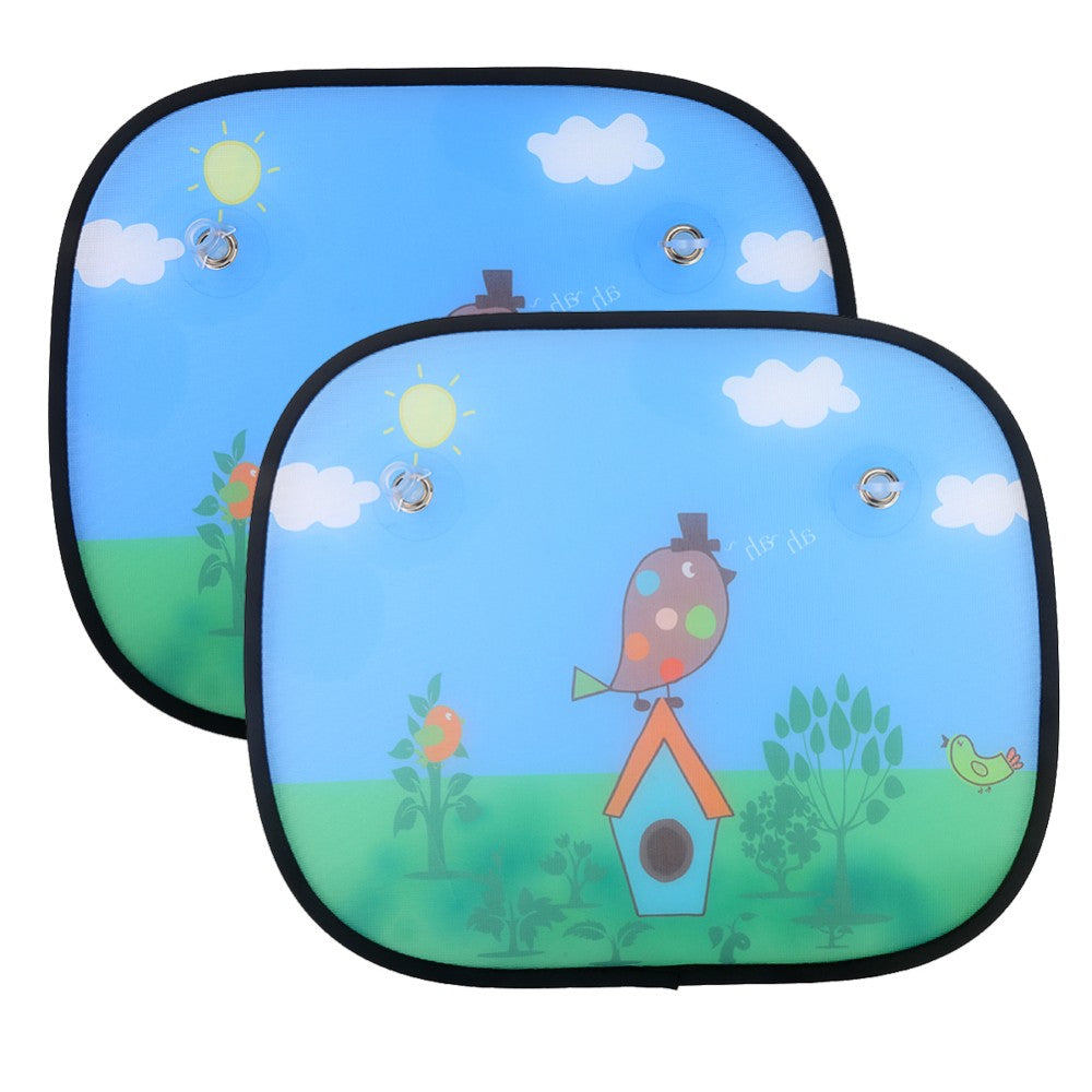Two cartoon-style sunshades with birds and a house design on a blue sky background.