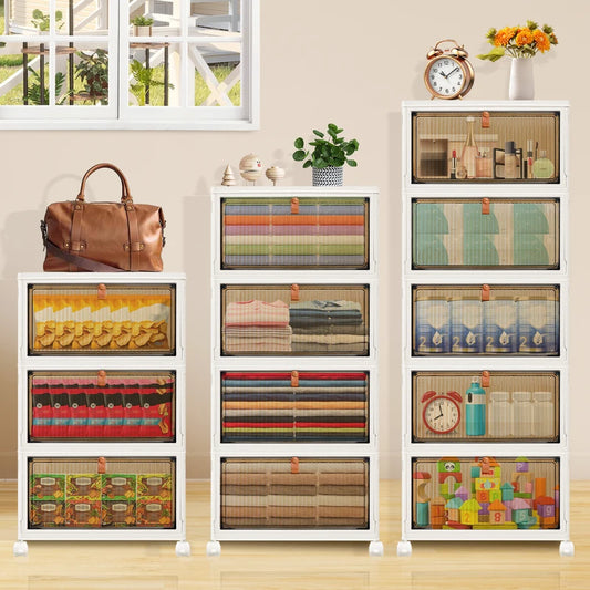 Set of white storage cabinets with colorful drawers in a room setting.