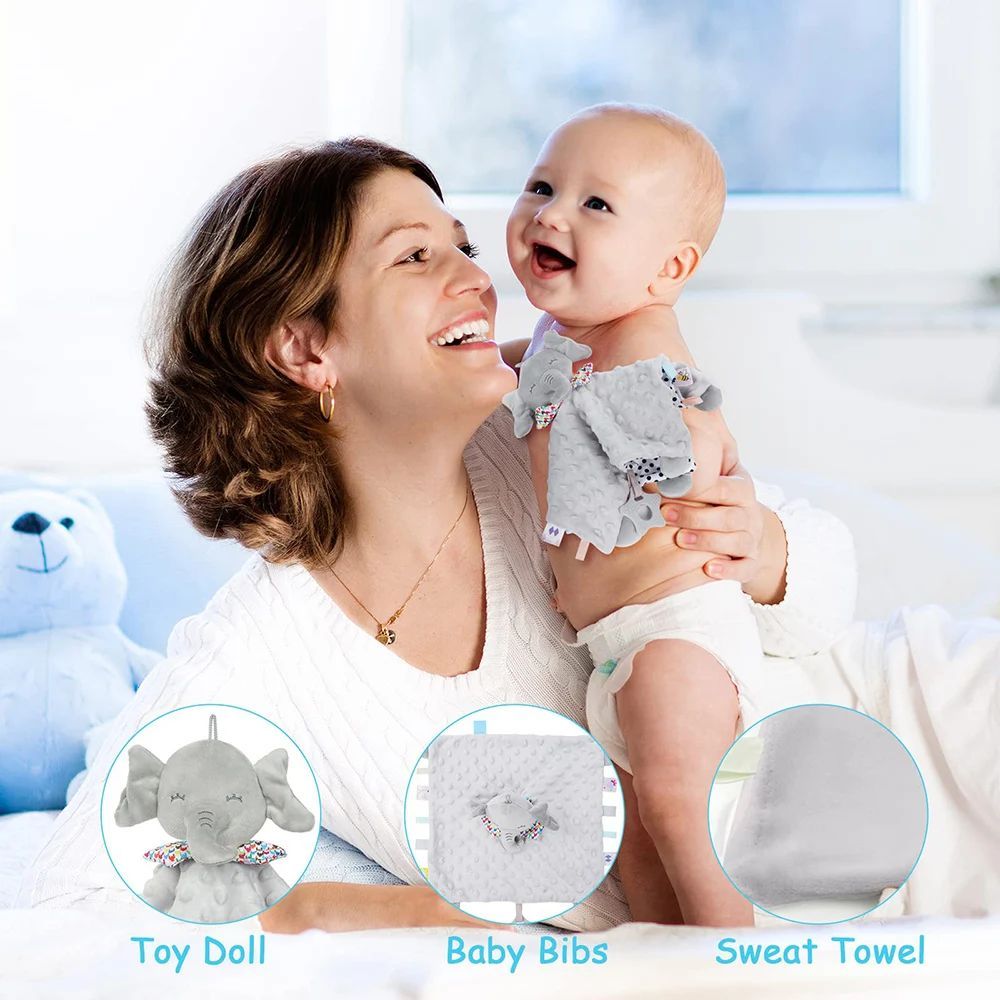 Woman holding a baby with product insets of a toy doll, baby bibs, and towel.
