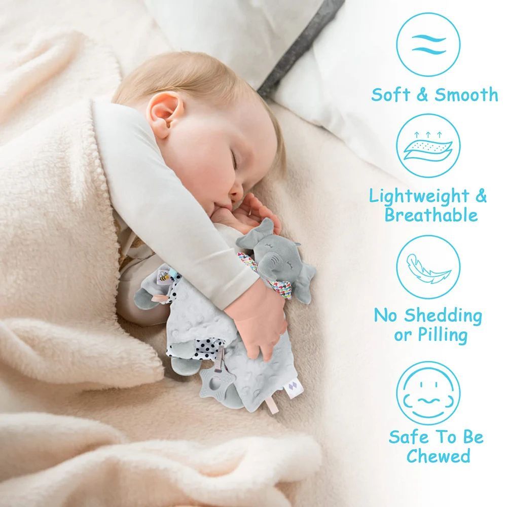 Baby sleeping with a soft toy, surrounded by text highlighting product features.