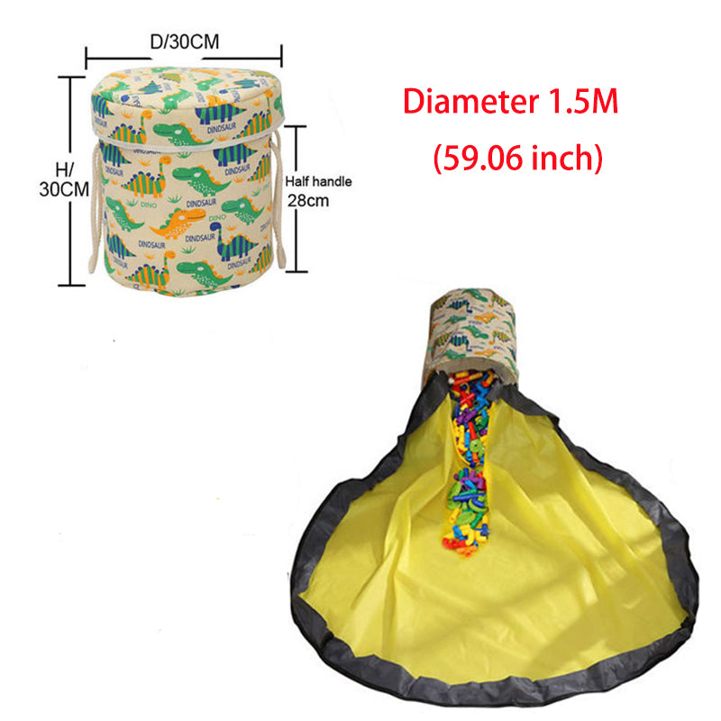 Measurement chart of a round container with dinosaur pattern and colorful handle, showing dimensions on a white background.