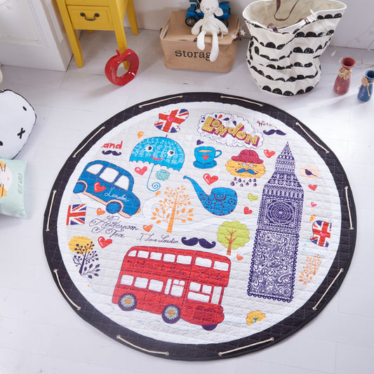 Round children's playmat with London-themed design on a white floor.