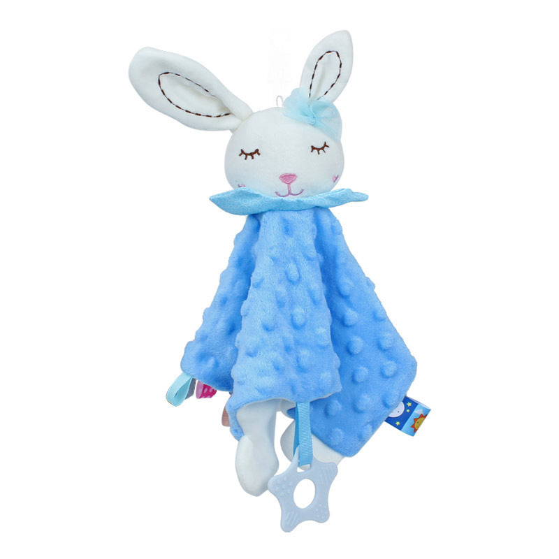 Plush toy rabbit with a blue blanket on a white background
