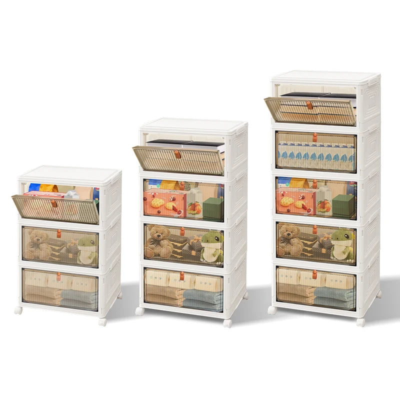 Set of white storage units with woven baskets containing toys on a white background