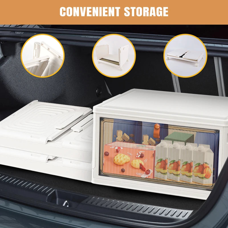 White food storage container with transparent lid showing food items, placed in a car trunk.