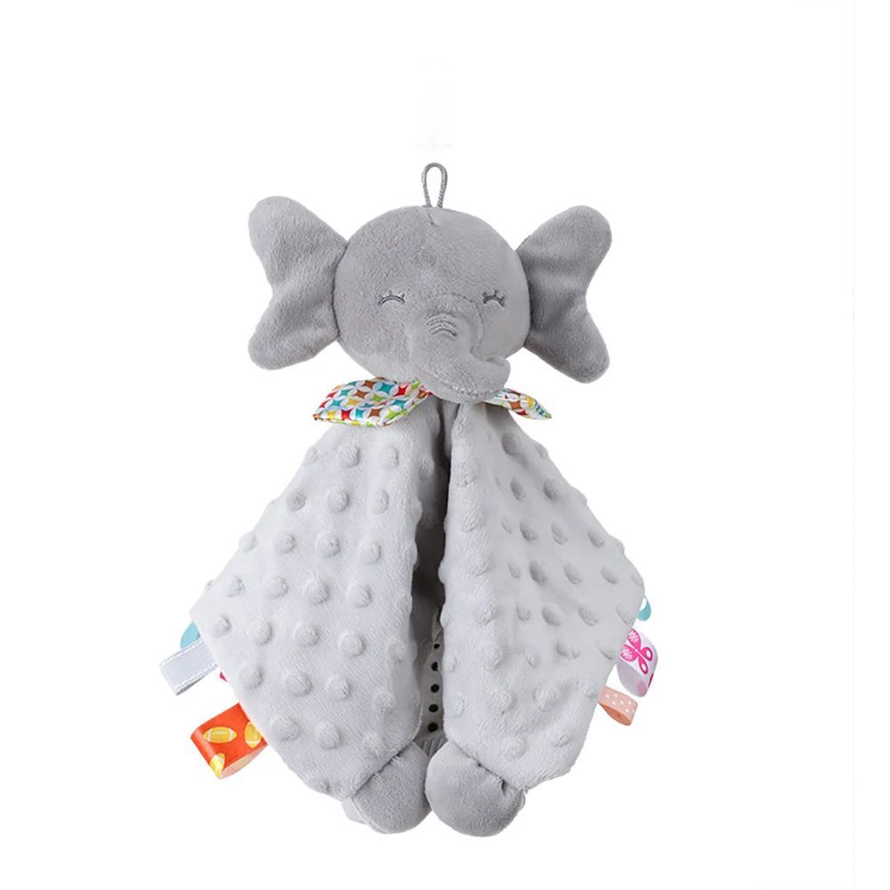 Gray elephant plush toy with colorful accents on a white background