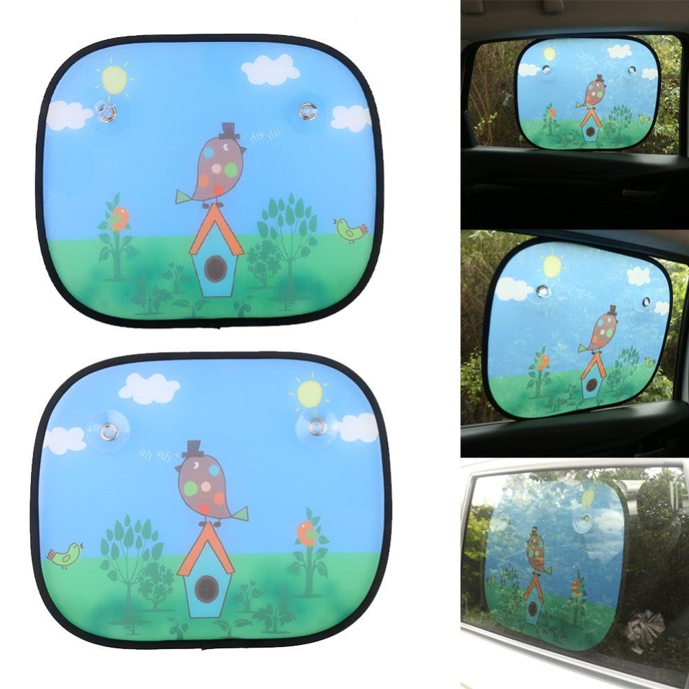 Car window sunshades with cartoon design on a car window