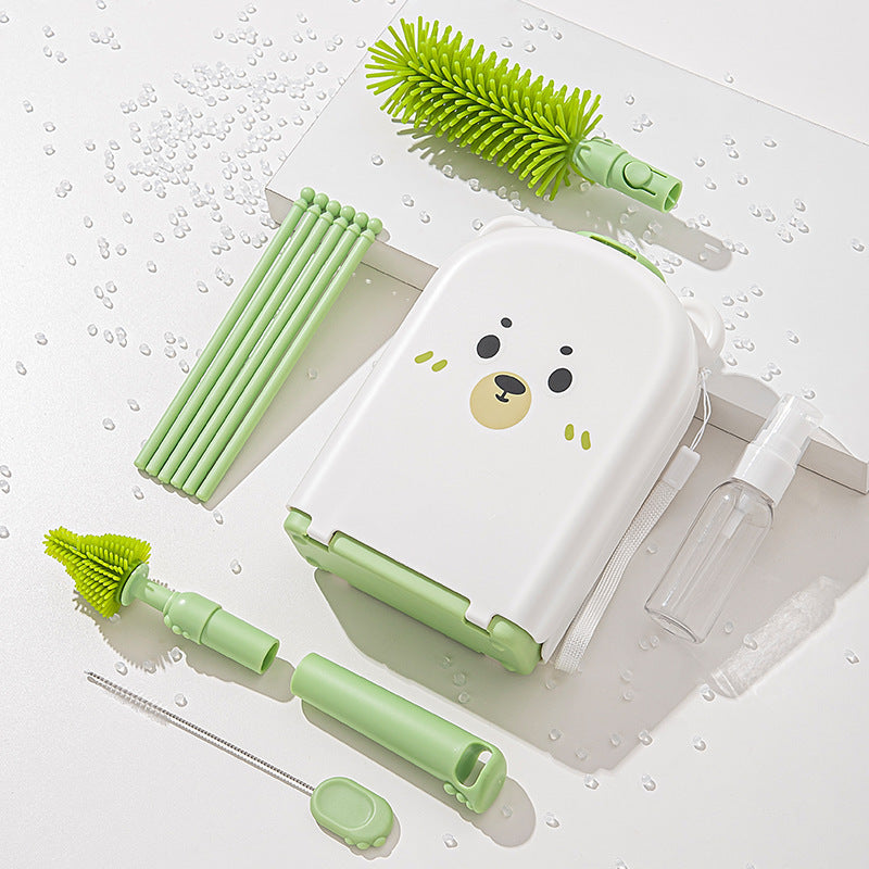 Green and white cleaning set with a bear design on a white background