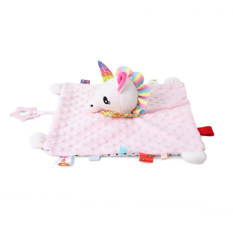 Unicorn-shaped plush toy with colorful accents on a white background