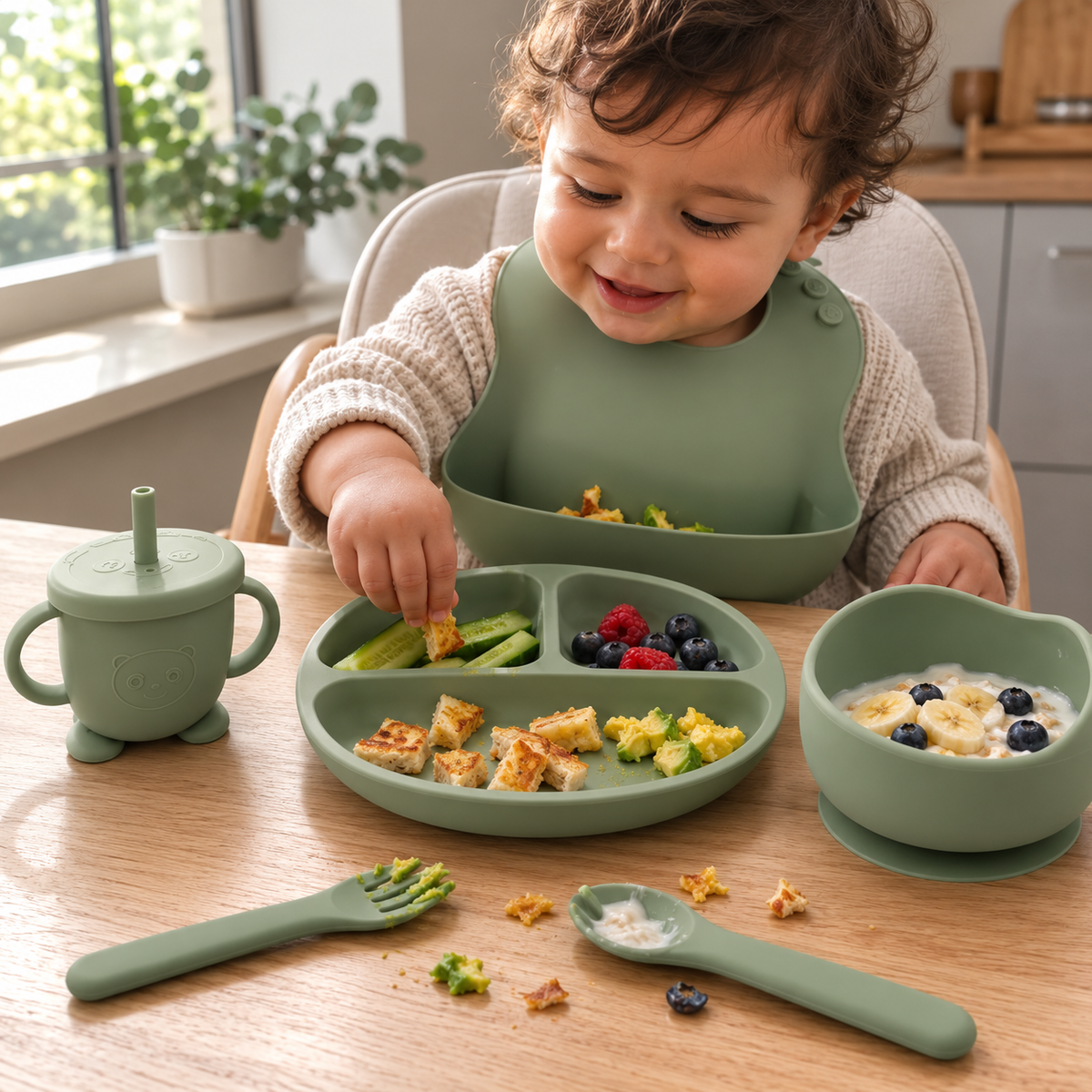 A toddler sits at a wooden table using a matching sage green silicone baby feeding set, including a divided plate, bowl, spoon, sippy cup, and utensils. The child is wearing a bib and reaching for food.