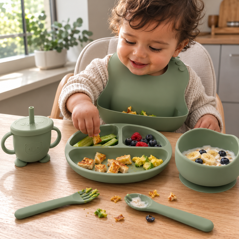 A toddler sits at a wooden table using a matching sage green silicone baby feeding set, including a divided plate, bowl, spoon, sippy cup, and utensils. The child is wearing a bib and reaching for food.