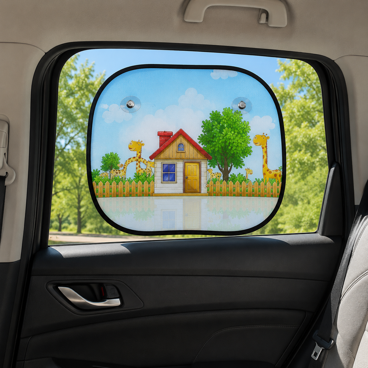 A car window shade with a colorful cartoon illustration of a house, trees, and giraffes, shown installed on a car window.