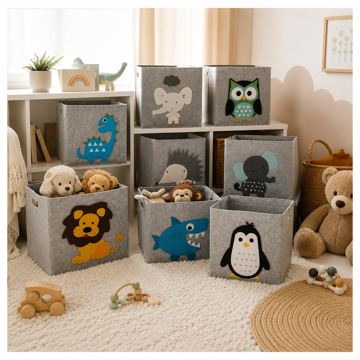 A set of gray felt storage bins with colorful animal illustrations, arranged on a cream carpet in a styled children's room with toys and shelves in the background.