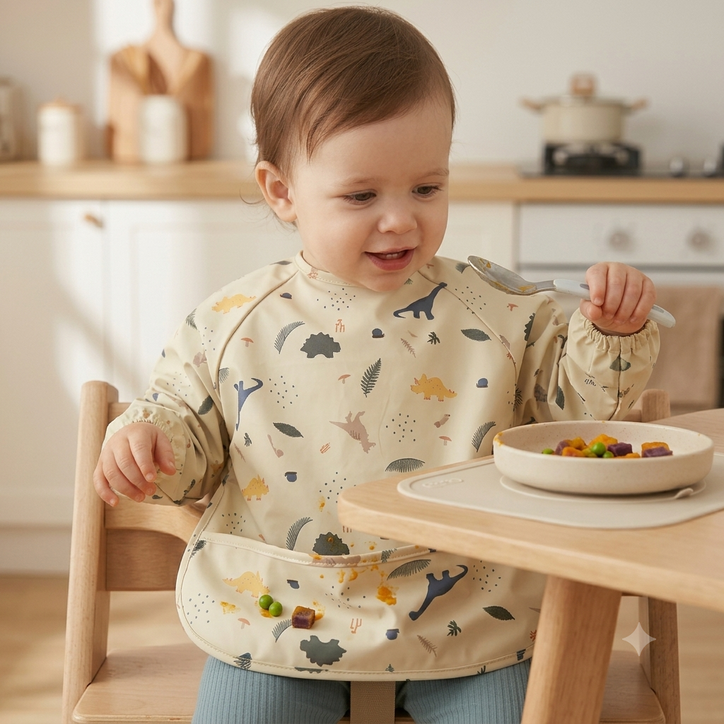 A baby wearing a long-sleeve dinosaur-print bib sits in a wooden high chair at a table, eating from a bowl with a spoon in a bright kitchen setting.