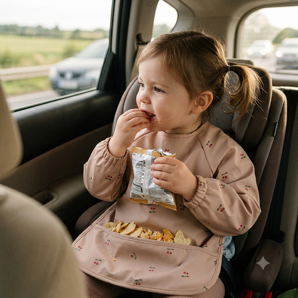 A young child sitting in a car seat inside a vehicle, wearing a dusty pink long-sleeve bib with a small cherry pattern and holding a snack bag. The bib has a front pocket holding chips.