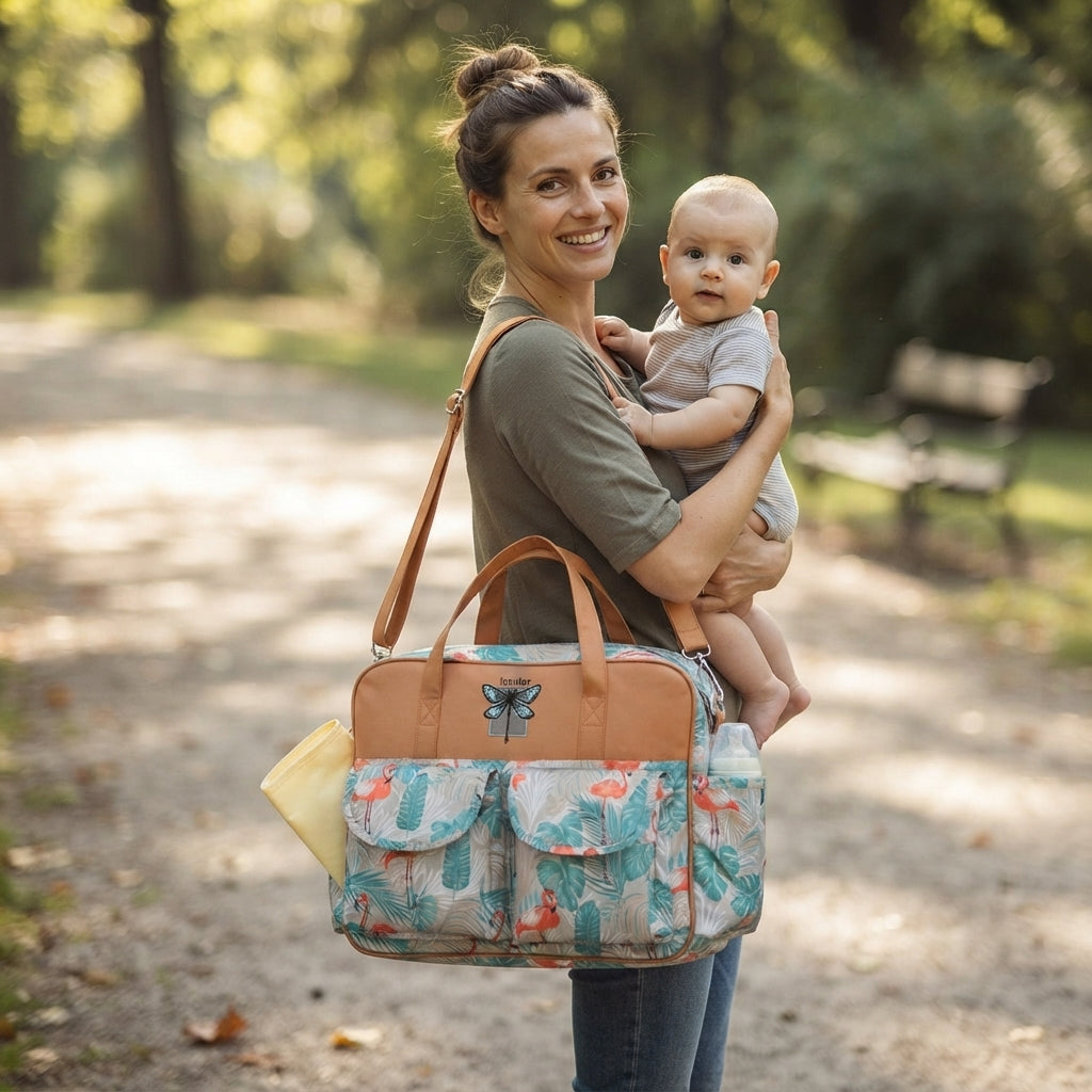A woman carrying a baby outdoors on a park path, wearing and showcasing a large, patterned diaper bag with brown leather accents. The bag features a teal and coral floral print with a brown leather top handle and trim.