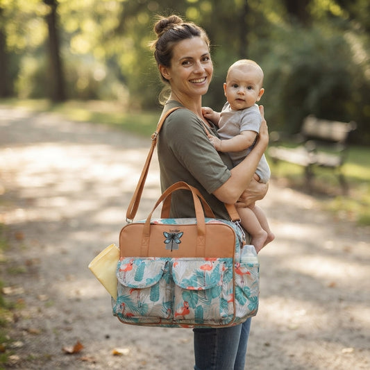 A woman carrying a baby outdoors on a park path, wearing and showcasing a large, patterned diaper bag with brown leather accents. The bag features a teal and coral floral print with a brown leather top handle and trim.