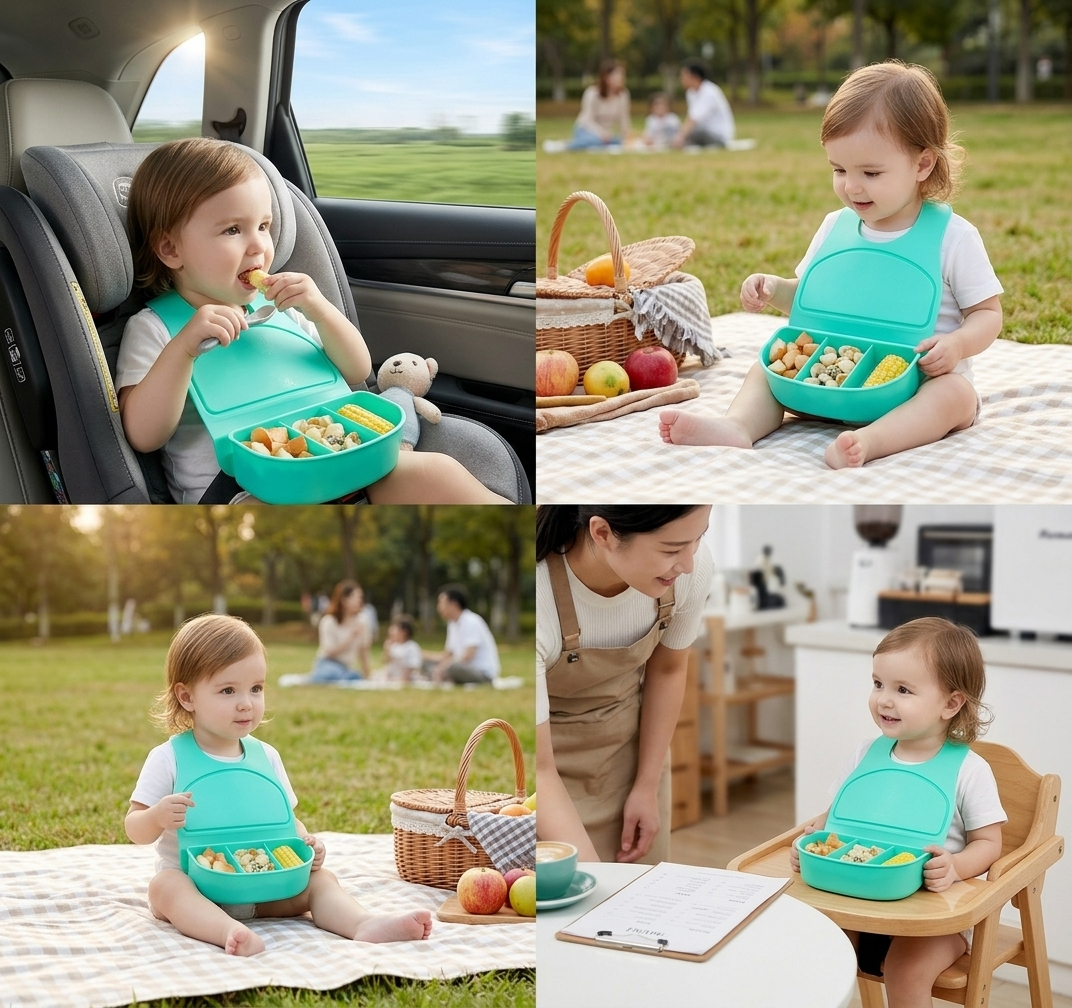 A collage of four lifestyle photos showing a toddler wearing a bright turquoise bib-style pouch with a matching food tray, seated in different real-world settings: inside a car, on a picnic blanket in a park, with an adult at a table, and in a high chair.