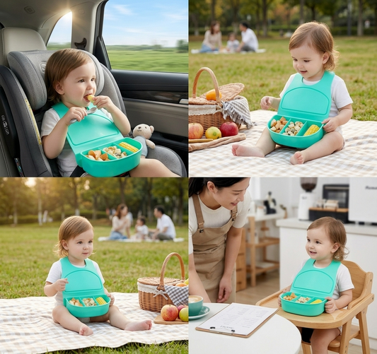 A collage of four lifestyle photos showing a toddler wearing a bright turquoise bib-style pouch with a matching food tray, seated in different real-world settings: inside a car, on a picnic blanket in a park, with an adult at a table, and in a high chair.